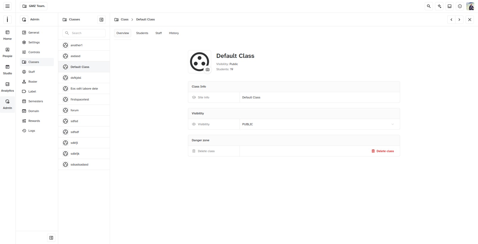 Delete Space button on the space Overview tab