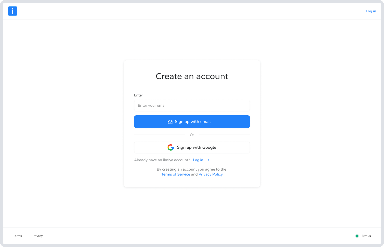 Create an account screen offering email or Google sign-up