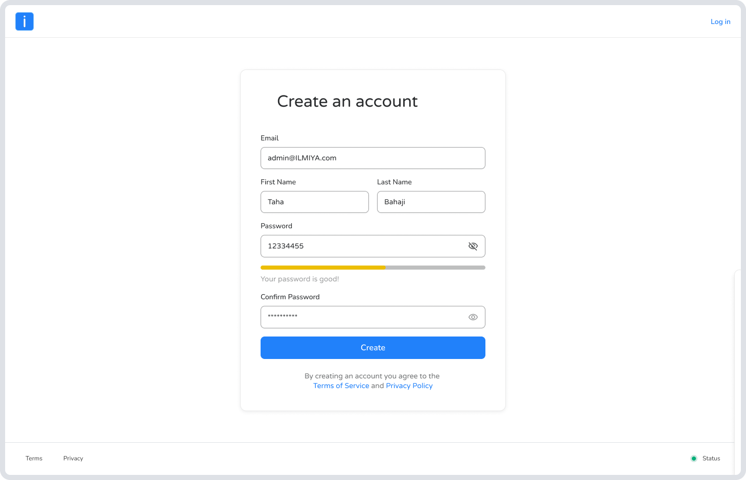 Registration form for name and password with a password strength indicator
