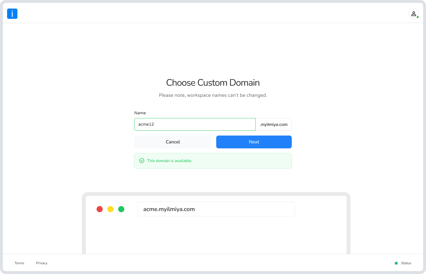 Custom domain screen for choosing your portal subdomain