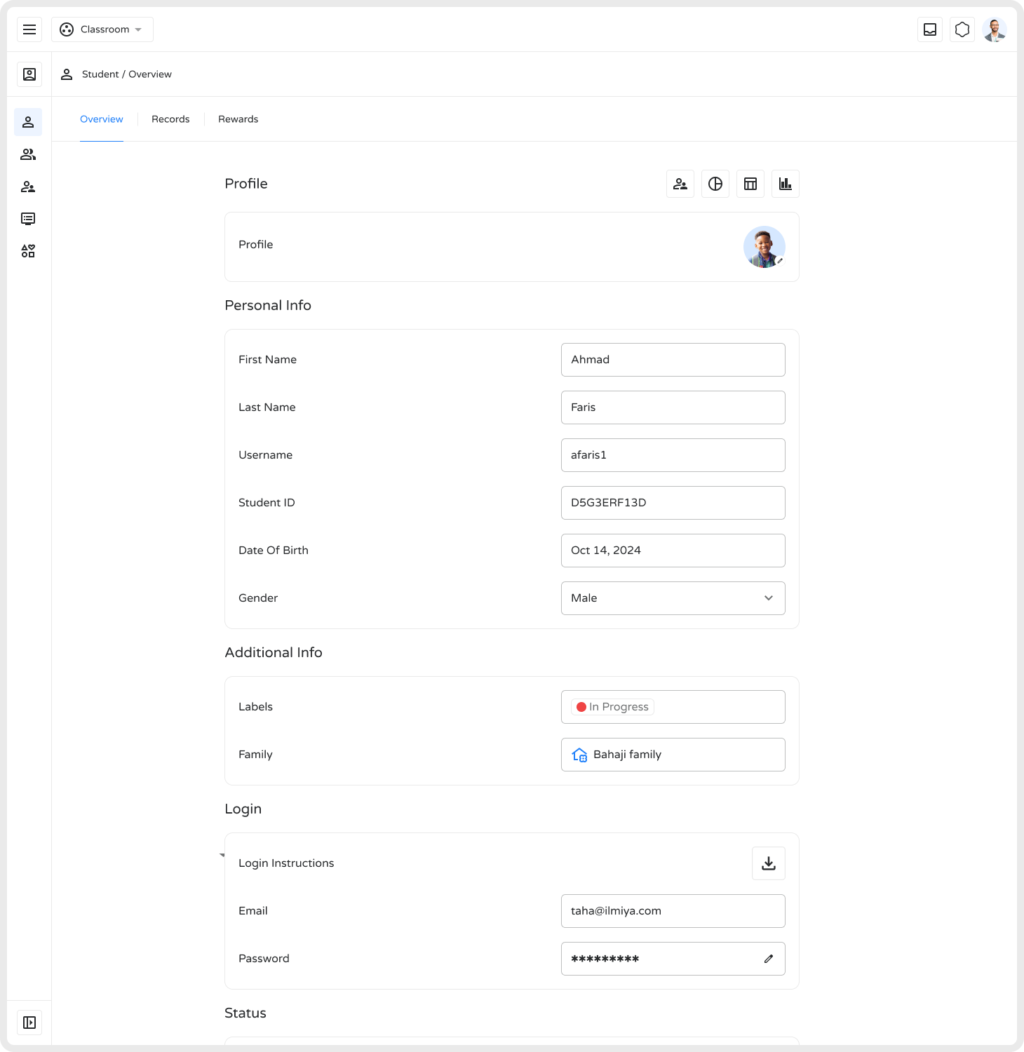 Change Password section of the student profile