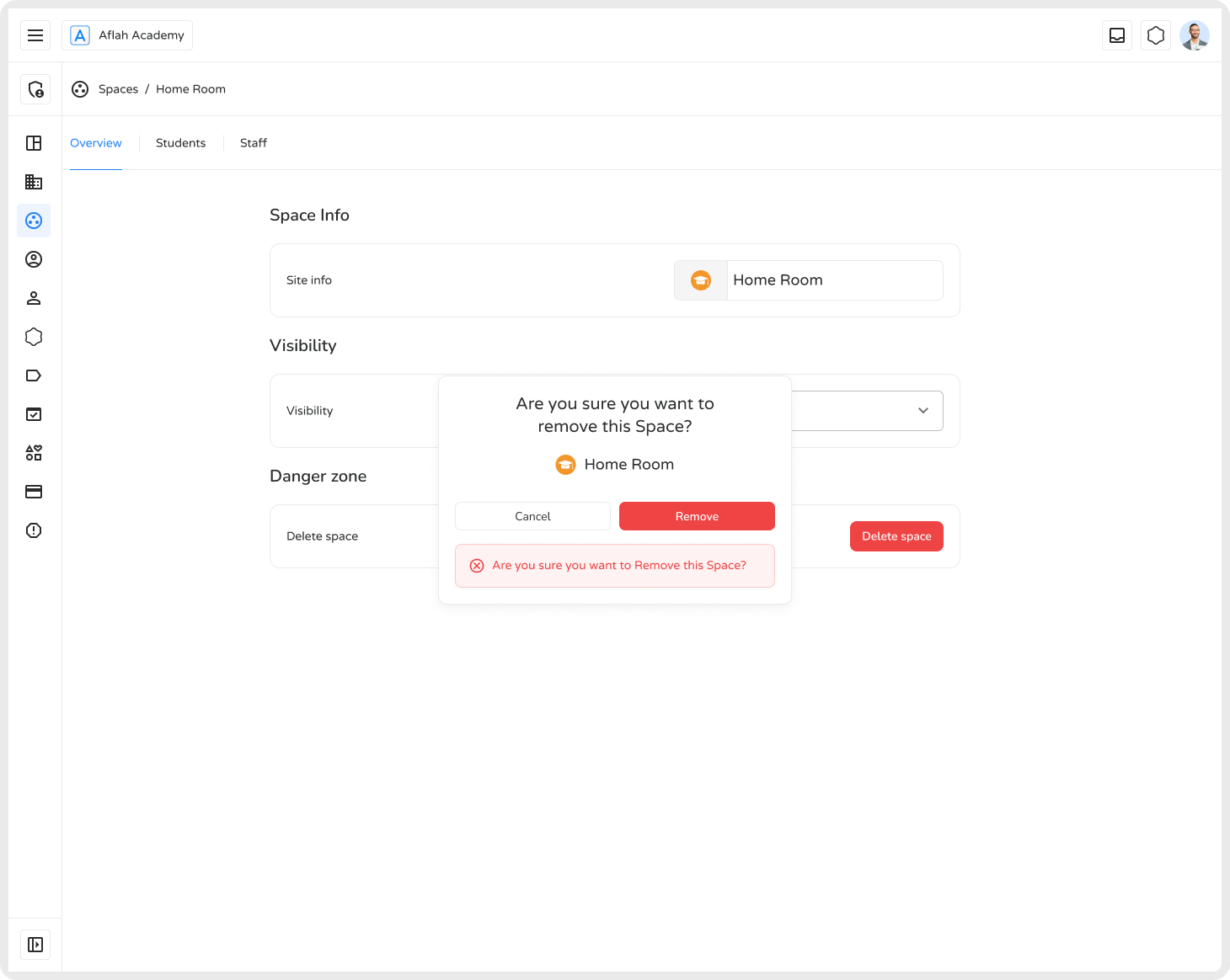 Confirmation dialog for permanently deleting a space