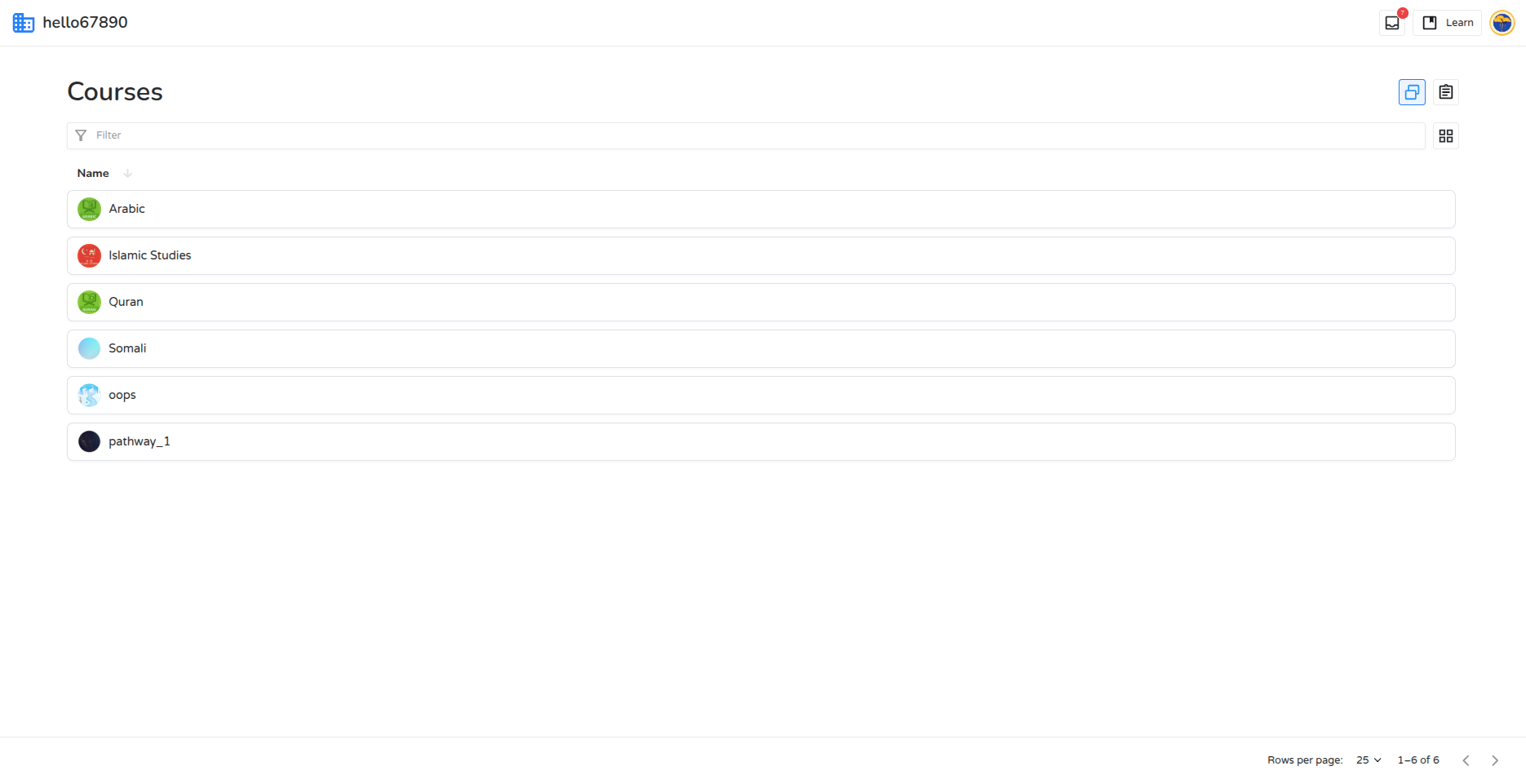 Courses tab in Learn